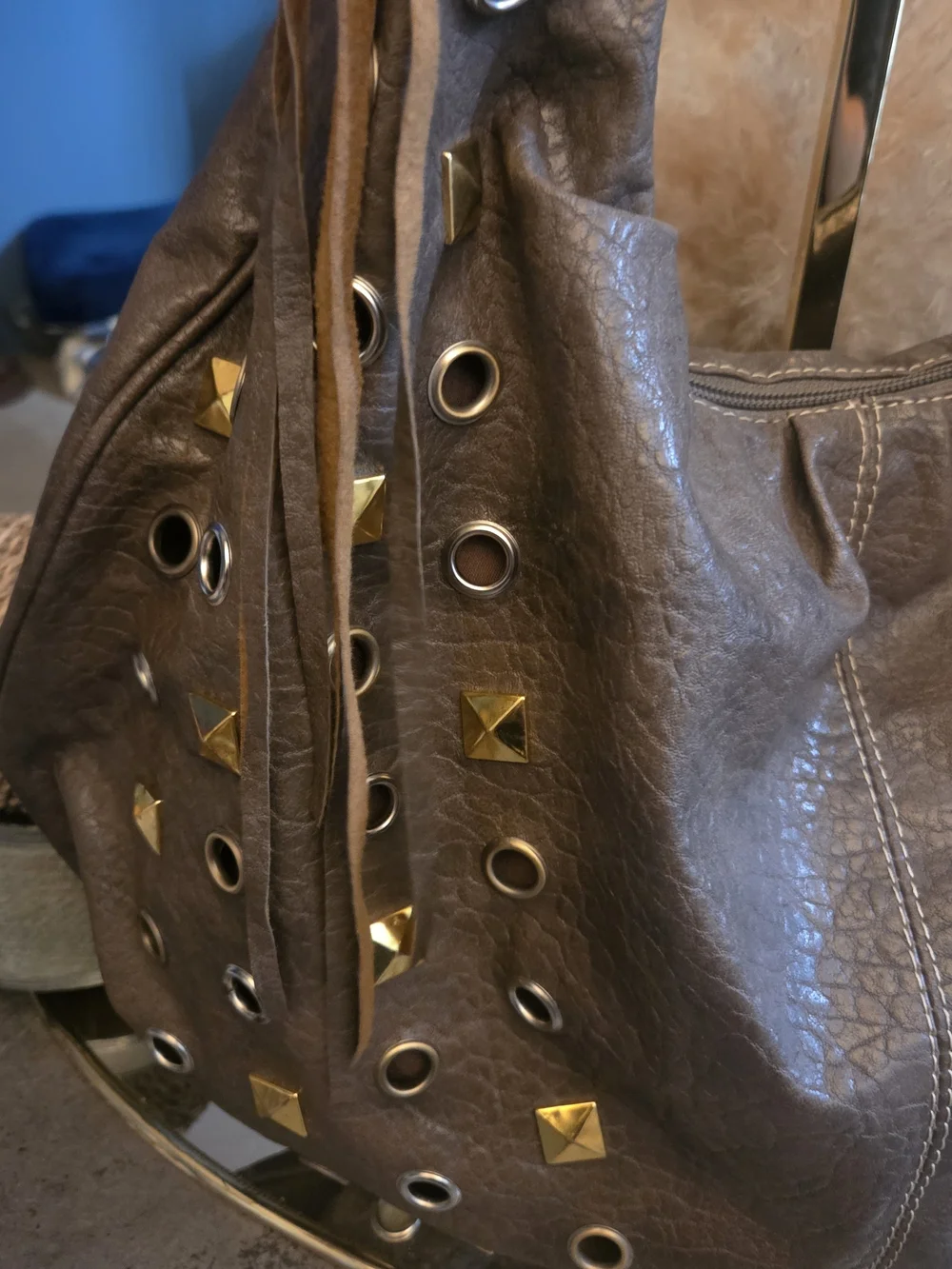 Y2K Brown Studded Grommet Fringe Hobo Bag Boho Rocker